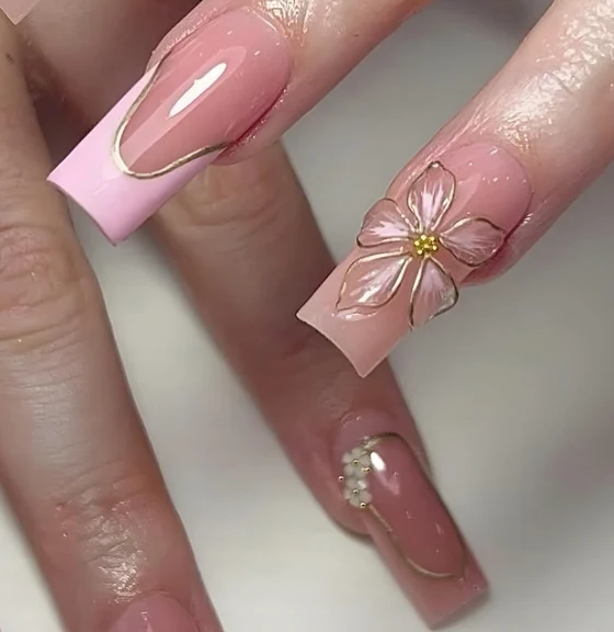 Long pink square set with gold outline and 3D flower